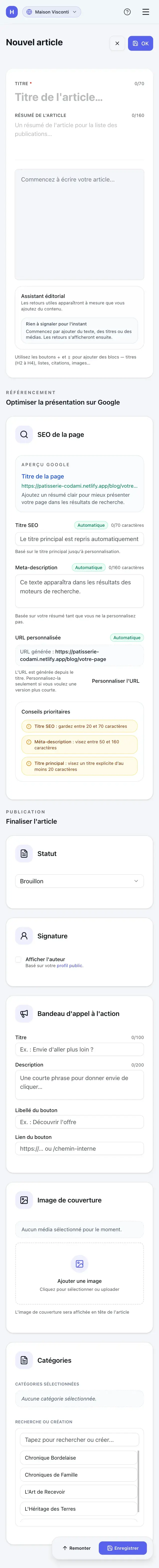 Éditeur d'article Hub avec assistant éditorial SEO, aperçu Google et gestion des catégories