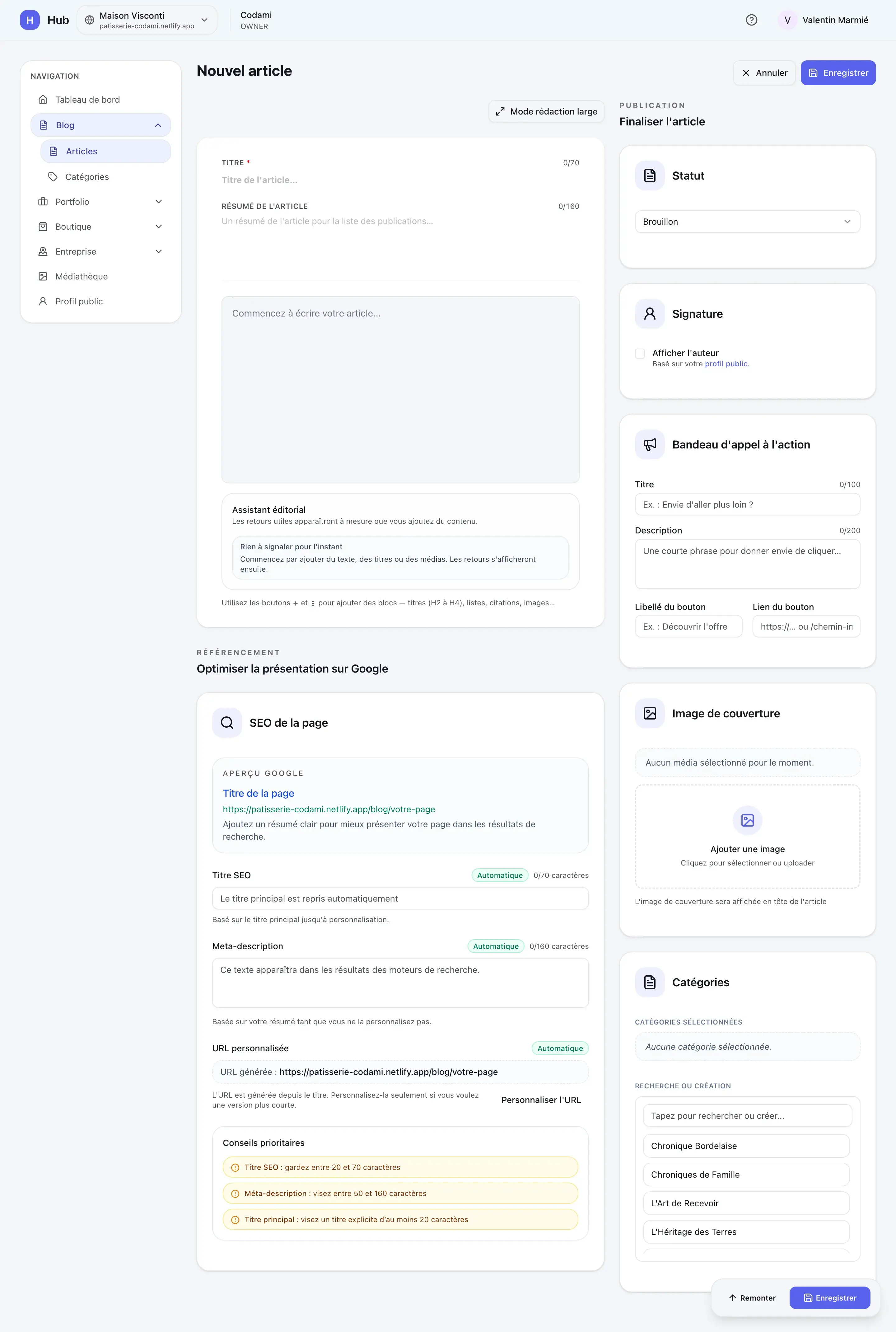 Éditeur d'article Hub avec assistant éditorial SEO, aperçu Google et gestion des catégories