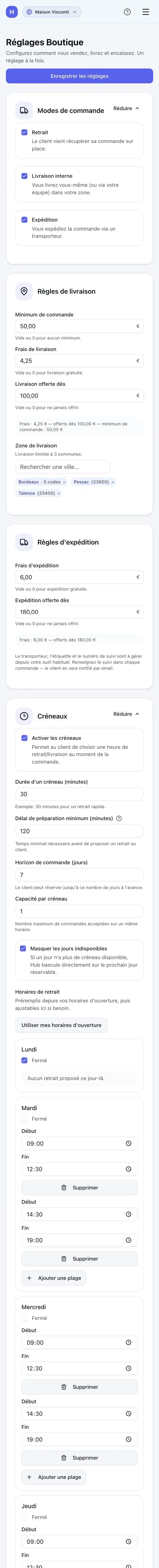 Réglages boutique Hub — modes de commande, créneaux de retrait et paiement Mollie