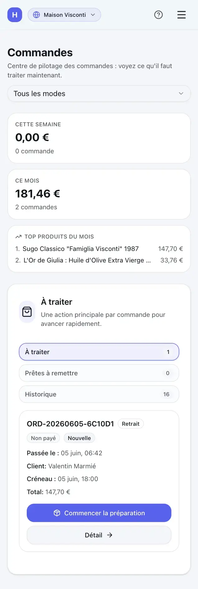 Gestion des commandes Hub — vue À traiter avec statuts Payé et Confirmée