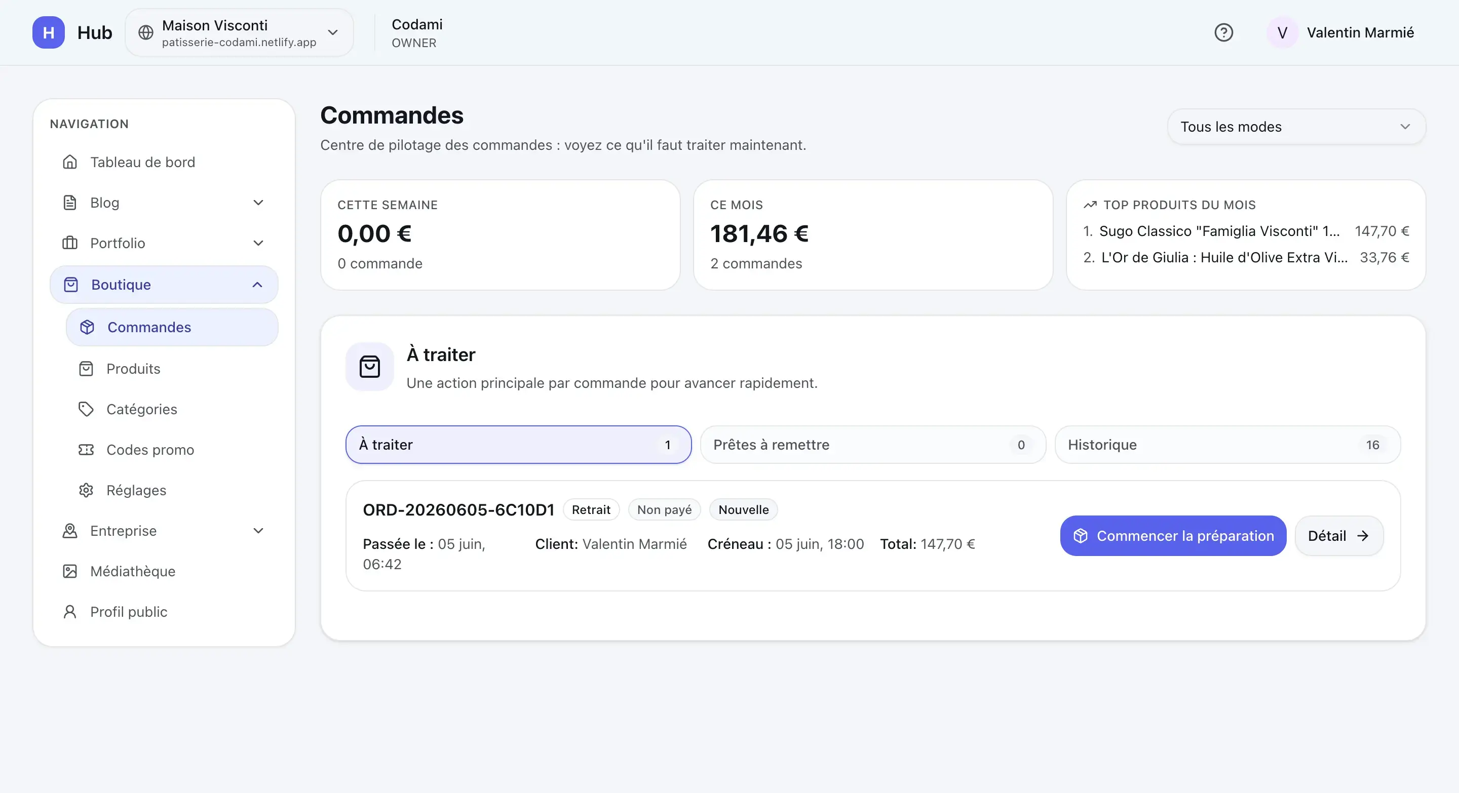 Gestion des commandes Hub — vue À traiter avec statuts Payé et Confirmée