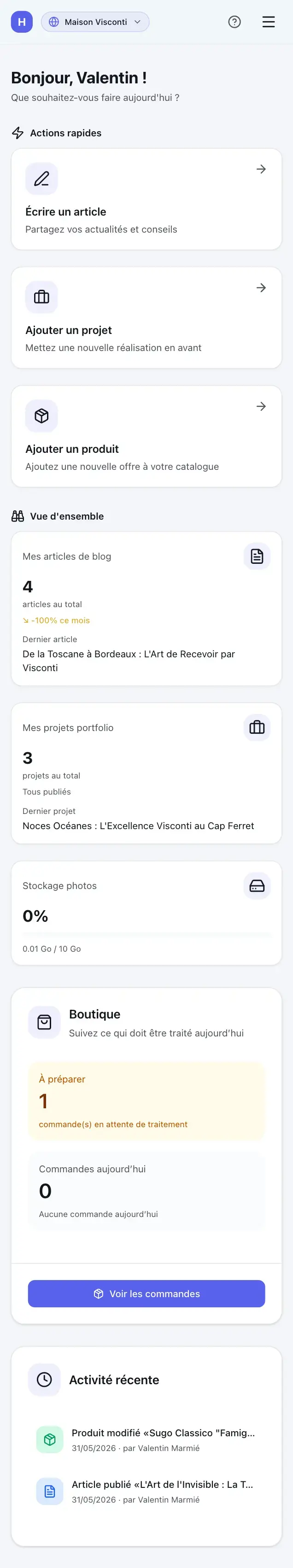 Tableau de bord Hub — vue d'ensemble du site avec blog, portfolio, boutique et activité récente