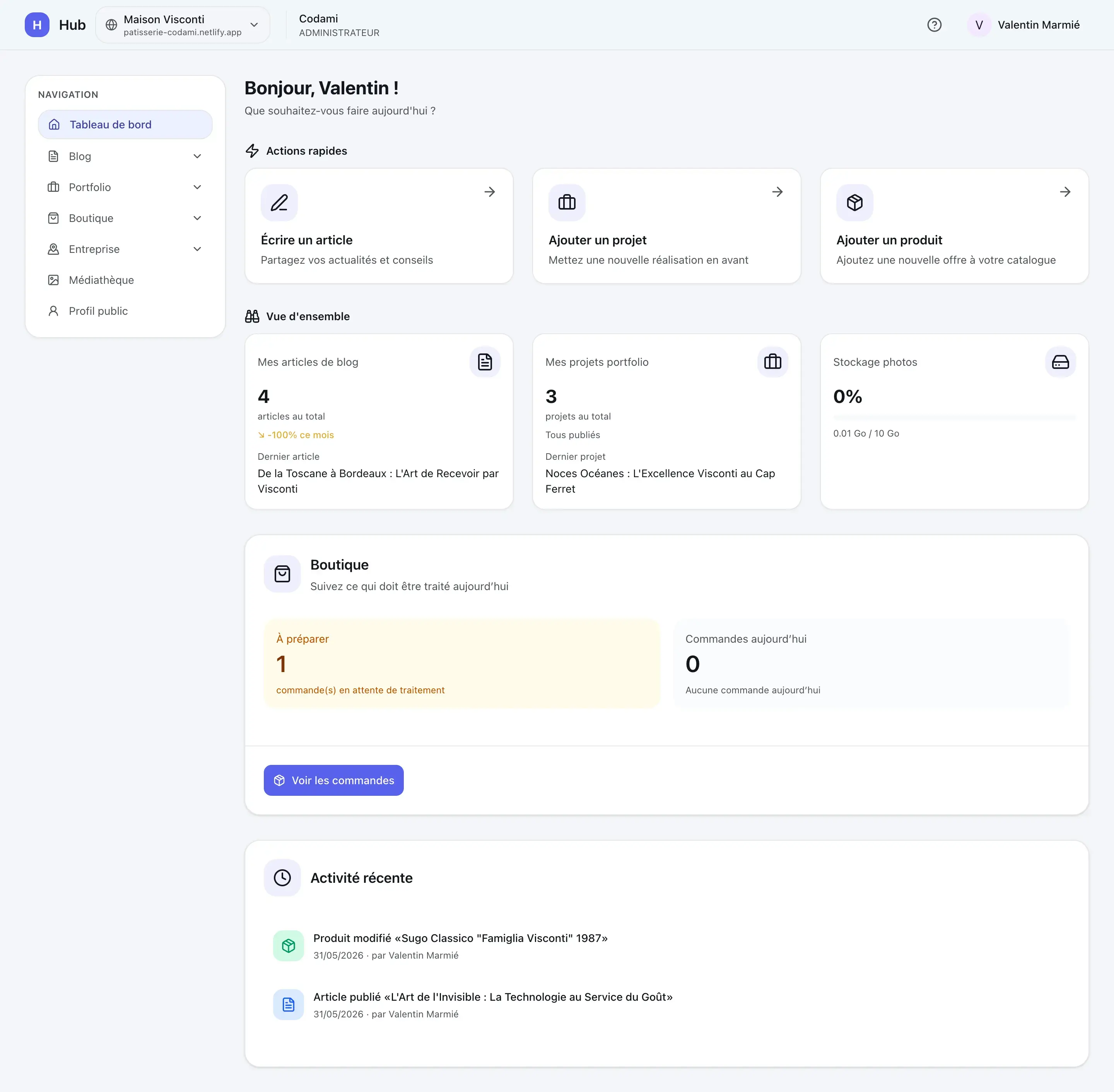 Tableau de bord Hub — vue d'ensemble du site avec blog, portfolio, boutique et activité récente